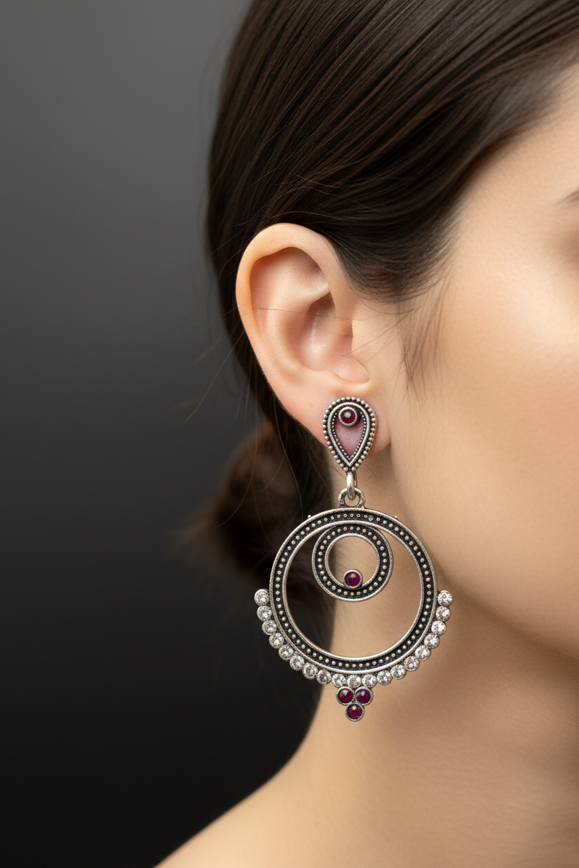 Oxidized Silver Spiral Drop Earrings with Coloured Stone Beads — 2 inch Traditional Indian Fashion Jewellery