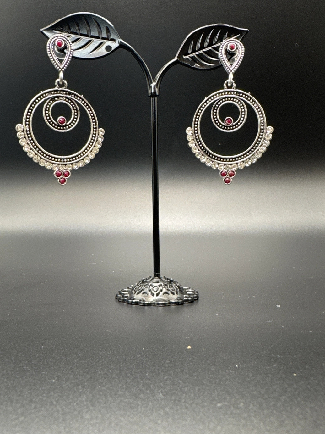Oxidized Silver Spiral Drop Earrings with Coloured Stone Beads — 2 inch Traditional Indian Fashion Jewellery - Maroon