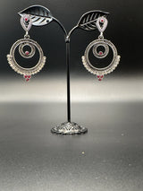 Oxidized Silver Spiral Drop Earrings with Coloured Stone Beads — 2 inch Traditional Indian Fashion Jewellery Jewelry JCS Fashions Maroon 2 inch