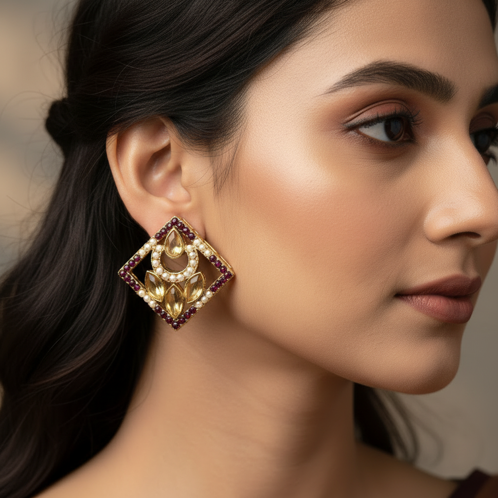 Green Geometric Kundan Stud Earrings with Bead