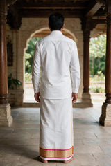 Men White Cotton Dhoti with 2-inch Gold Thread Work Border, 2 Metre Single Veshti - Magenta