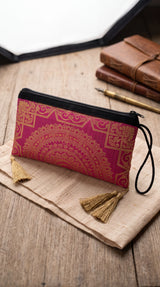 Banarasi Brocade Zip Pouch Clutch with Tassel, Embroidered Nylon Handbag for Festive & Party Wear (Coral Pink/Red/Magenta) - Magenta