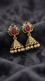 Jeweled Dome Jhumka Earrings with Pearl Bead Danglers, Intricate Cutwork (Black/Green/Maroon) - Maroon