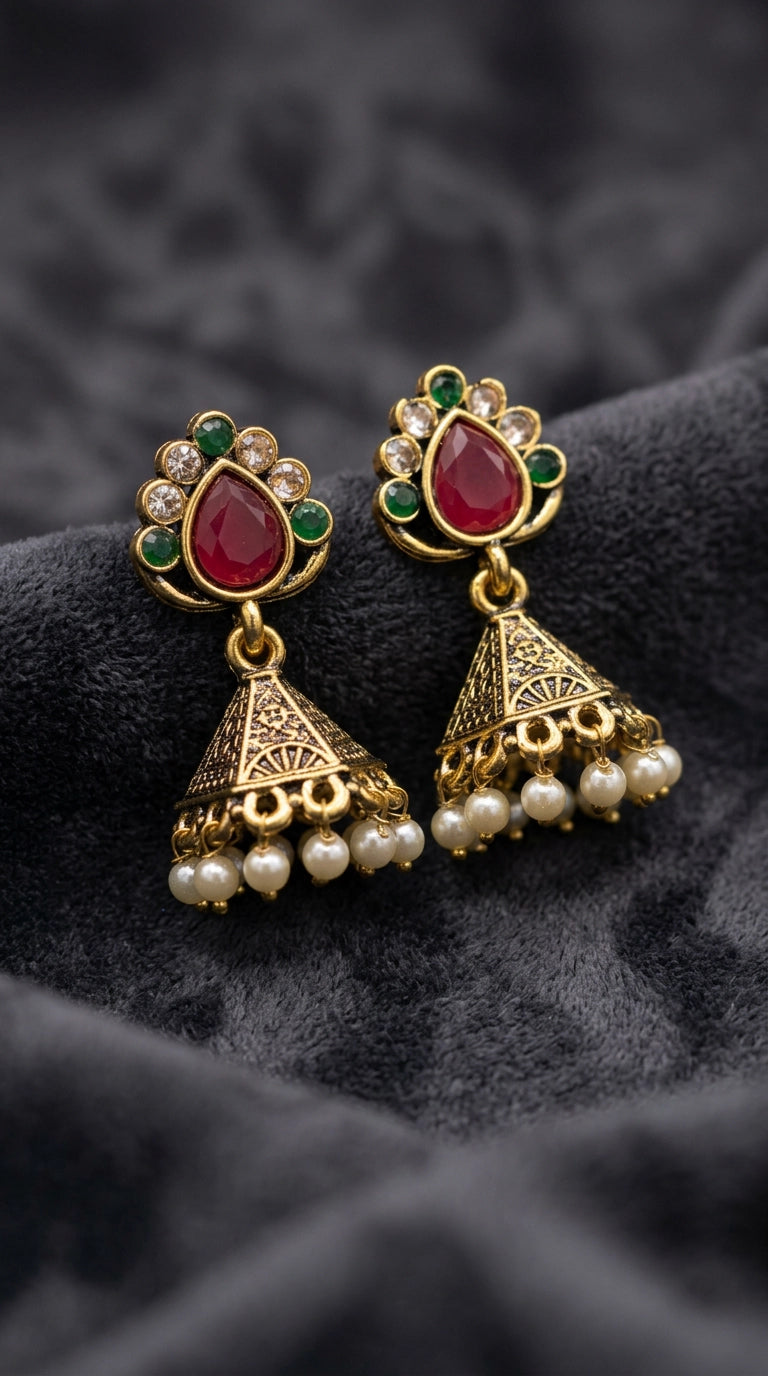 Jeweled Dome Jhumka Earrings with Pearl Bead Danglers, Intricate Cutwork (Black/Green/Maroon) - Maroon