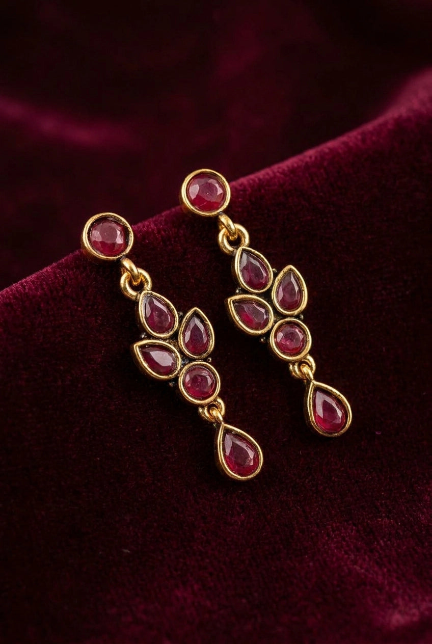 Sona Novelty Gold-Tone Drop Earrings with Multi Stone Teardrop Dangles for Traditional & Festive Wear - Maroon