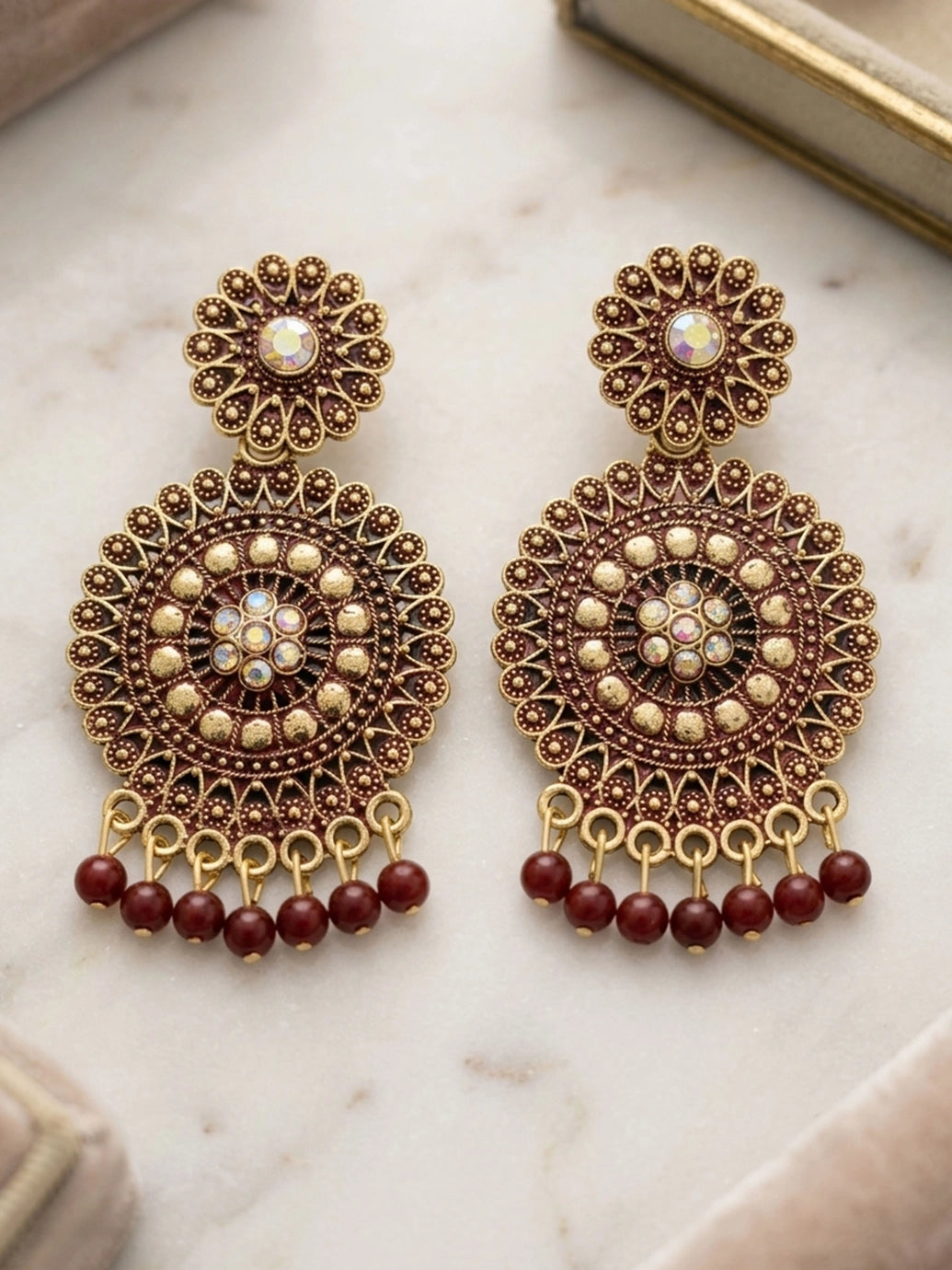 Antique Gold-Tone Ethnic Round Drop Earrings with Floral Stud & Bead Danglers (Multicolor Stone) - Maroon