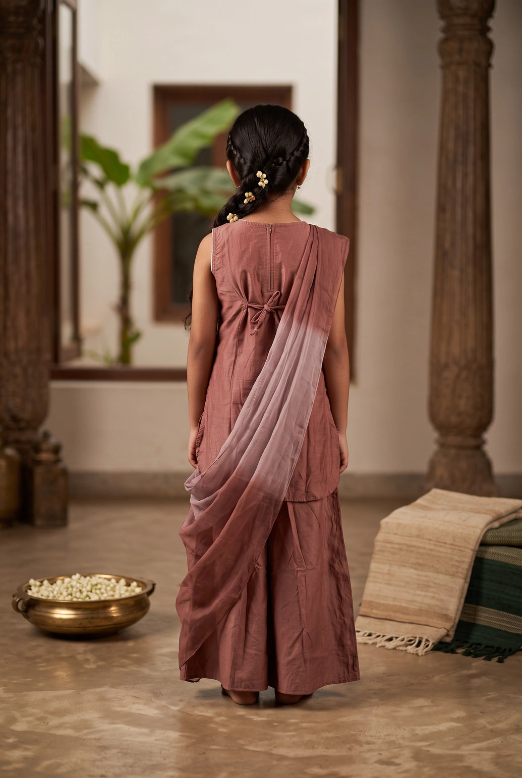 Girls Roman Silk 3-Piece Palazzo Set with Floral Embroidery, Matching Kurti, Palazzo Pants & Dupatta - Maroon