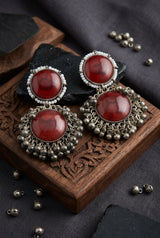 Antique Silver-Tone Drop Earrings with Round Stone Cabochons & Beaded Dangles - Maroon