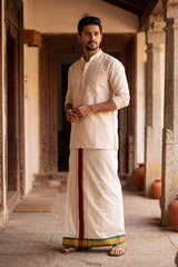 Men’s Off-White Cotton Dhoti with 1-inch Coloured Thread Border (2 Metre Single) - Traditional Wear - Maroon (Gold Lines)