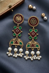 Antique Gold-Tone Ethnic Dangler Earrings with Teal/Mauve Enamel & Pearl Drops, Floral Motifs - Maroon & Green