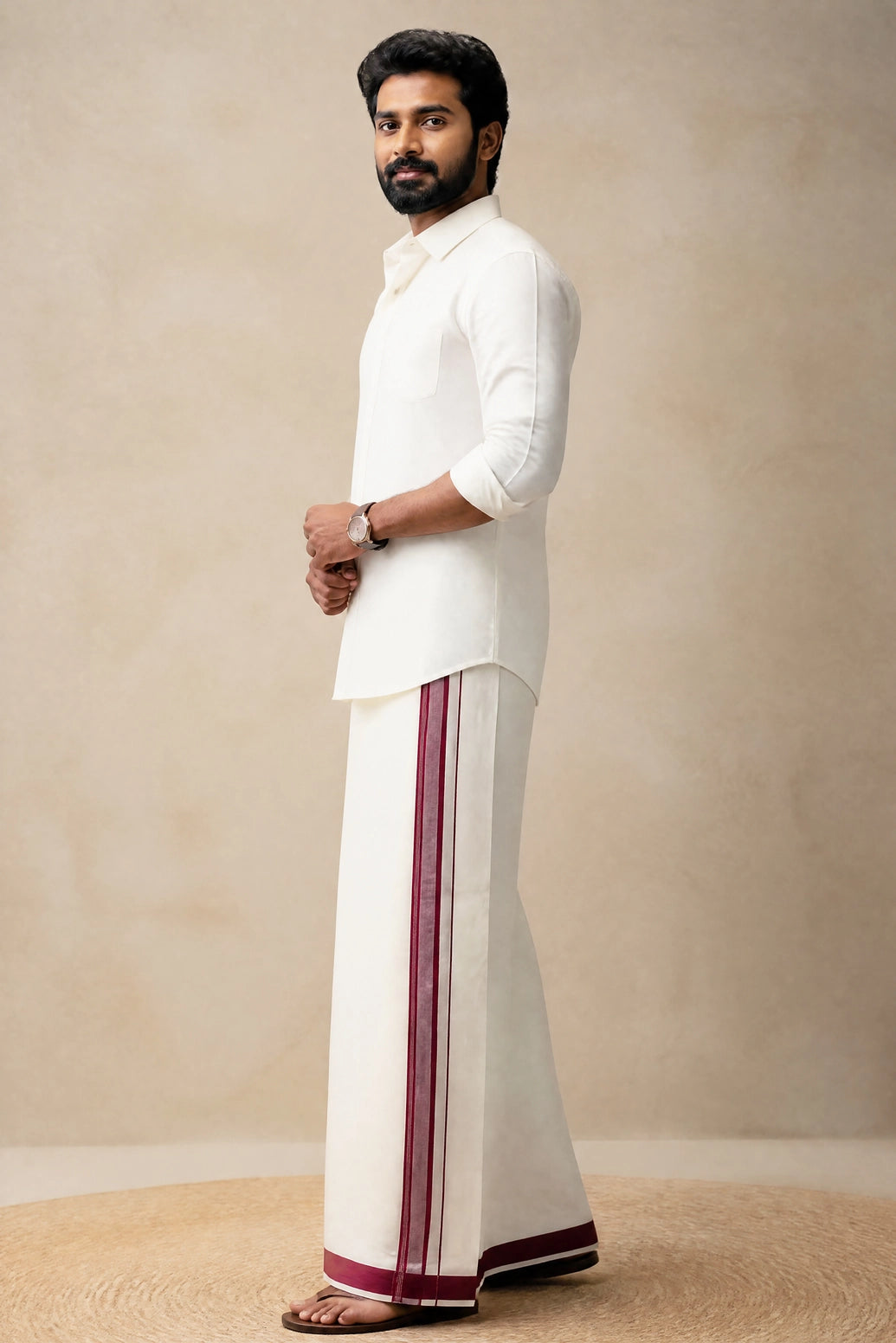 Men’s Off-White Cotton Dhoti with 1-inch Coloured Thread Border (2 Metre Single) - Traditional Wear - Maroon (Striped)
