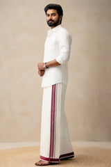 Men’s Off-White Cotton Dhoti with 1-inch Coloured Thread Border (2 Metre Single) - Traditional Wear - Maroon (Striped)