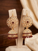 Traditional Jhumka Earrings with Floral Filigree and Beaded Drops in Red, Maroon & Yellow - Maroon