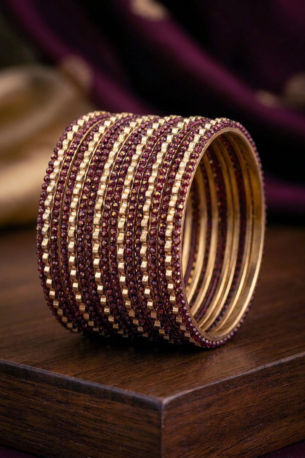 Stone Studded Metallic Bangle Set with Sparkling Rows - Teal Blue, Green & Maroon - Maroon