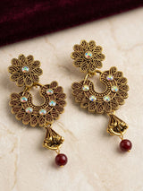 Traditional Floral Drop Earrings with Colorful Stone Stud and Bead Dangles - Maroon
