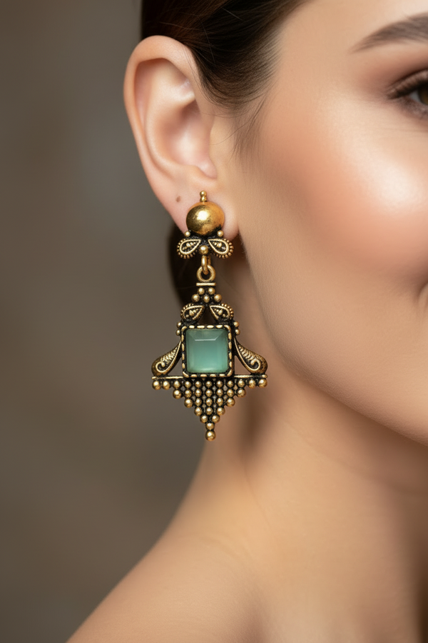 Mint Green Square Stone Dangling Earrings – Antique Gold Ornate Frame, 2.4 inch Indian Fashion Jewellery