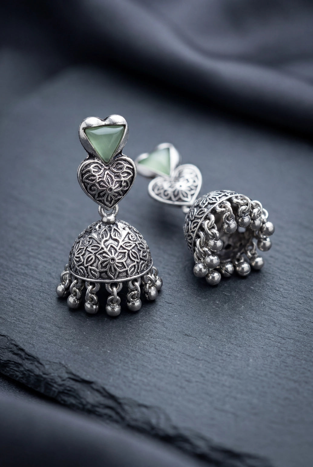 Heart Top Oxidized Silver-Tone Jhumka Earrings with Triangular Stone Accent and Ghungroo Drops - Mint Green, Green
