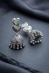 Heart Top Oxidized Silver-Tone Jhumka Earrings with Triangular Stone Accent and Ghungroo Drops - Mint Green, Green