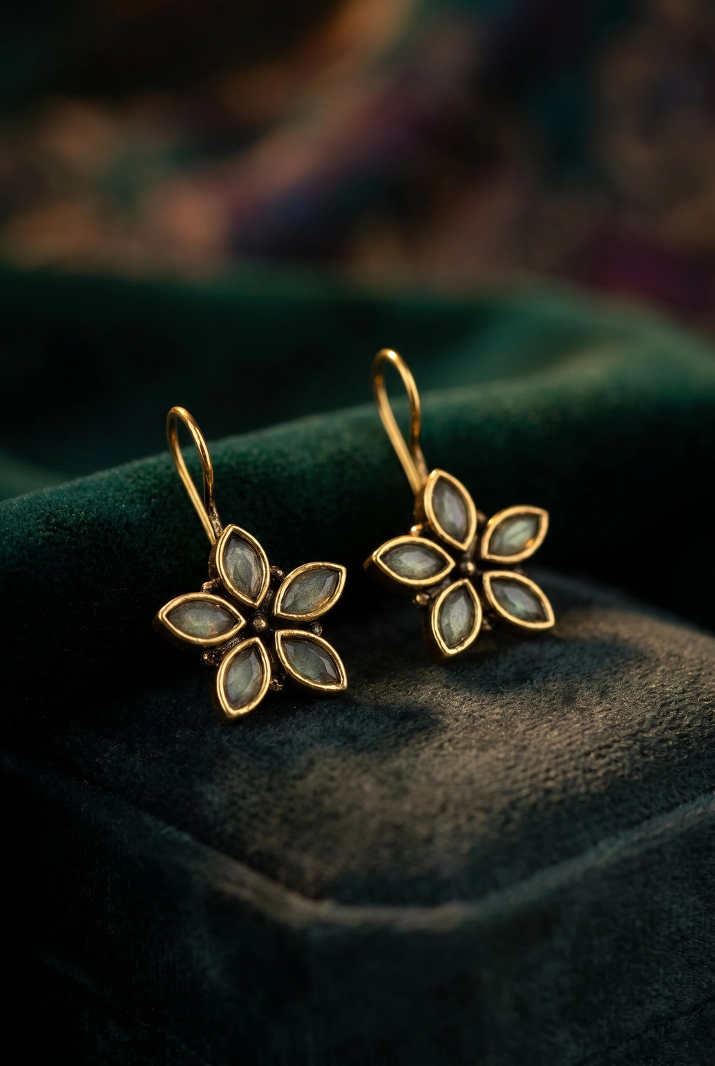 Flower Petal Drop Hook Earrings in Antique Gold Tone with Marquise Stones (Purple, Mint Green, Multi) - Mint Green