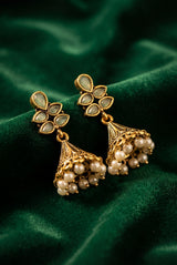 Floral Jhumka Earrings with Pearl Drops in Antique Gold-Tone Frame (Mint Green/Sea Blue/Onion Pink) - Mint Green