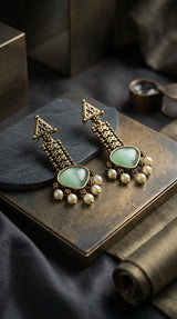 Gold-tone Traditional Drop Earrings with Teardrop Stone & Pearl Bead Tassels (Sea Blue/Mint/Black) - Mint Green