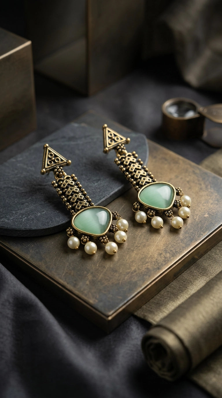 Gold-tone Traditional Drop Earrings with Teardrop Stone & Pearl Bead Tassels (Sea Blue/Mint/Black) - Mint Green