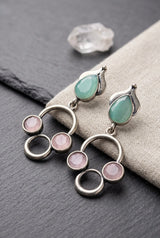 Silver-Tone Stone Drop Earrings with Circular Cluster Design for Women - Mint Green, Mint Green & Onion pink, Onion pink