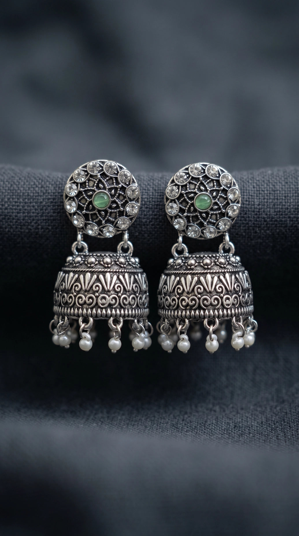 Oxidized Silver-Tone Jhumka Earrings with Studded Stones and Pearl Drops - Mint Green