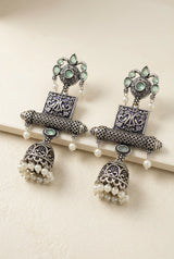 Antique Oxidized Silver Jhumka Earrings with Mint Green/Sea Blue Stones and Pearl Bead Danglers - Mint Green