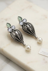 Antique Oxidized Silver Teardrop Jhumka Earrings with Pearls & Crystal Stones (1 Pair) - Green, Mint Green