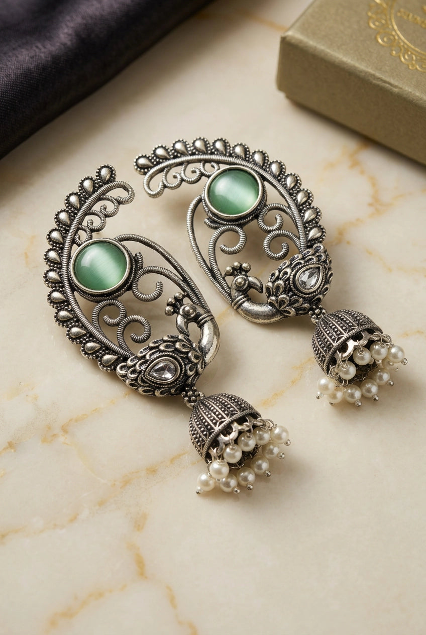Antique Oxidized Silver Peacock Jhumka Drop Earrings with Pearl Beads (Navy Blue, Purple, Mint Green) - Mint Green