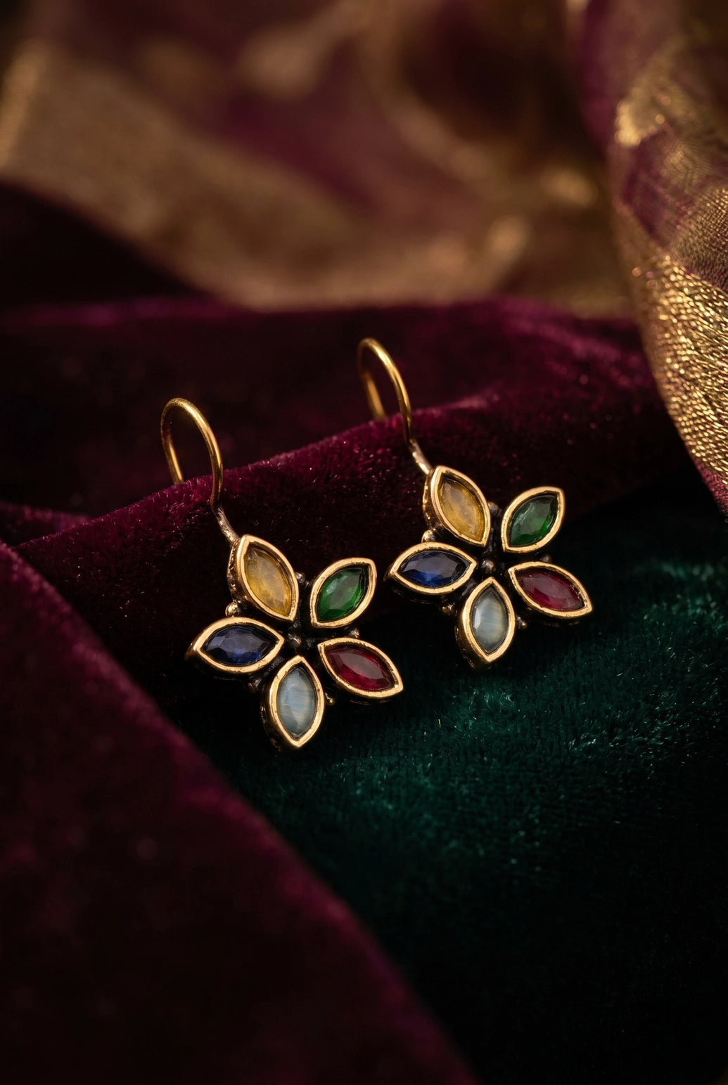 Flower Petal Drop Hook Earrings in Antique Gold Tone with Marquise Stones (Purple, Mint Green, Multi) - Multi color