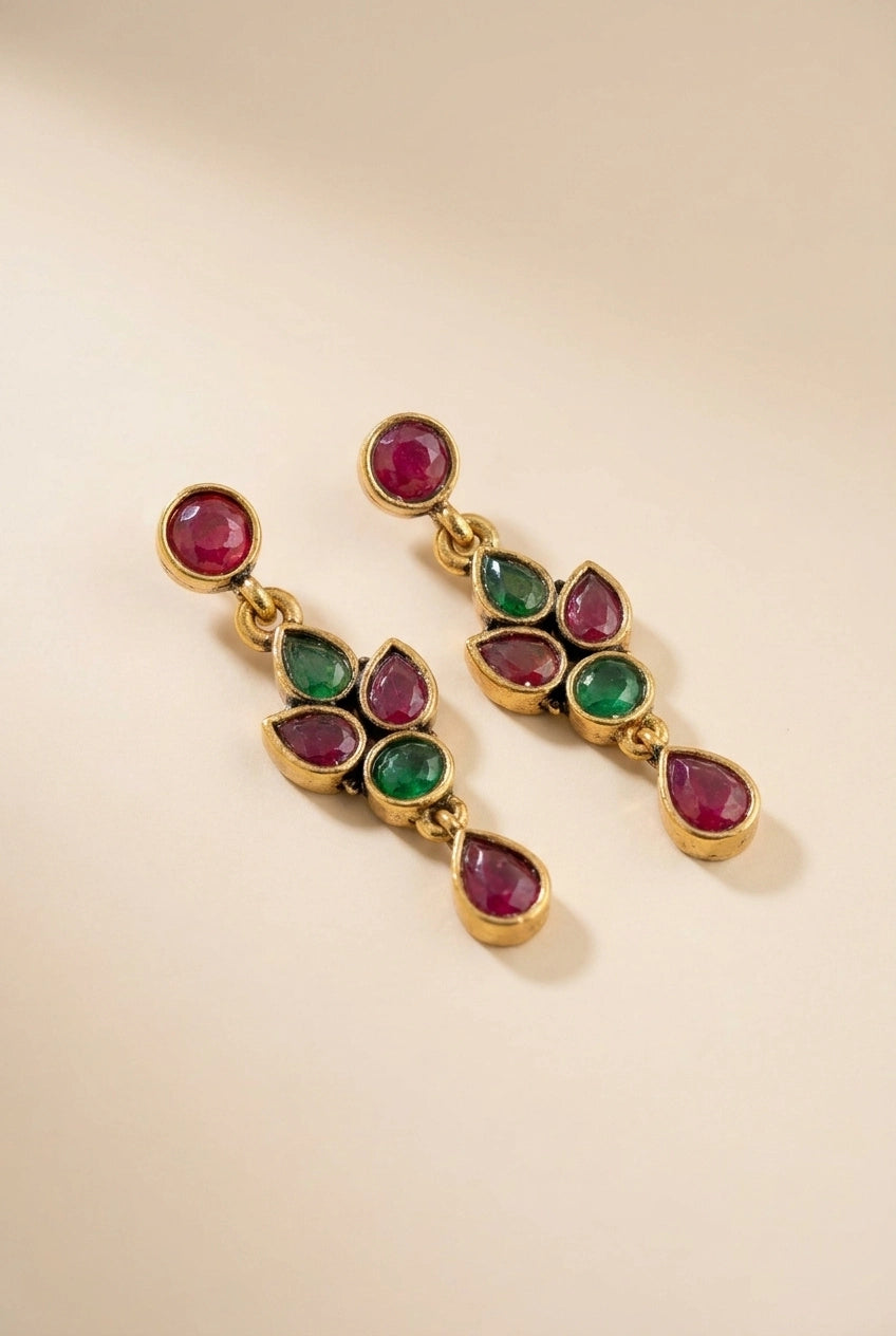 Sona Novelty Gold-Tone Drop Earrings with Multi Stone Teardrop Dangles for Traditional & Festive Wear - Multi color
