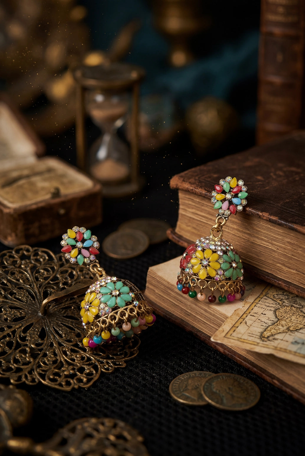 Traditional Gold-Tone Jhumka Earrings with Floral Stud & Multicolor Bead Danglers - Multi color
