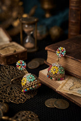 Traditional Gold-Tone Jhumka Earrings with Floral Stud & Multicolor Bead Danglers - Multi color