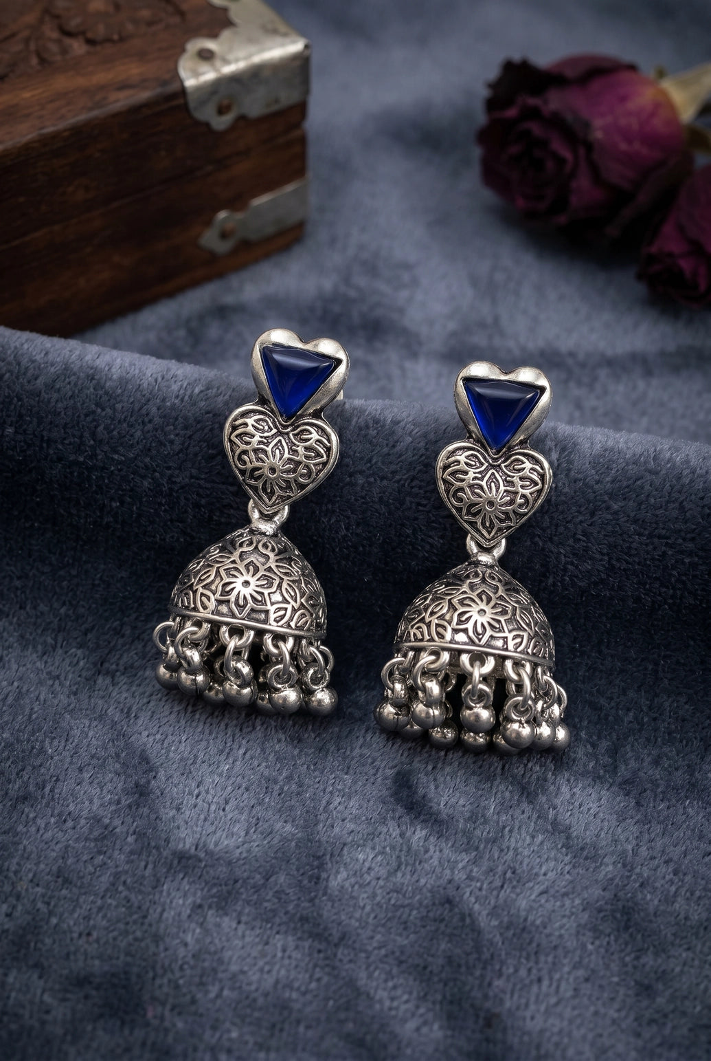Heart Top Oxidized Silver-Tone Jhumka Earrings with Triangular Stone Accent and Ghungroo Drops - Navy Blue