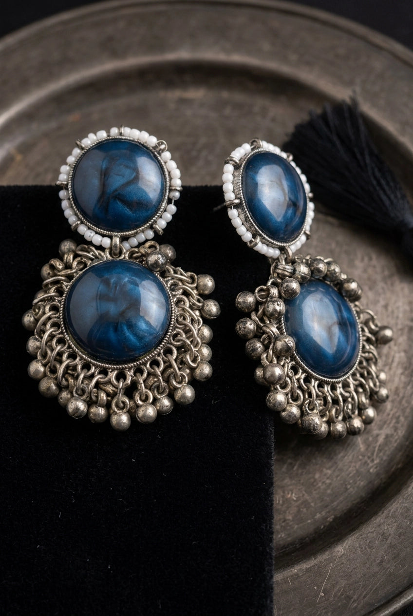 Antique Silver-Tone Drop Earrings with Round Stone Cabochons & Beaded Dangles - Navy Blue