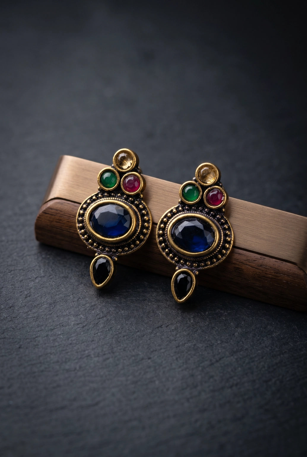 Navy Blue Antique Finish Stud Earrings with Oval Center Stone & Gold-Tone Beaded Details for Ethnic Wear - Navy Blue, Navy Blue & Multi color