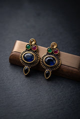 Navy Blue Antique Finish Stud Earrings with Oval Center Stone & Gold-Tone Beaded Details for Ethnic Wear - Navy Blue, Navy Blue & Multi color