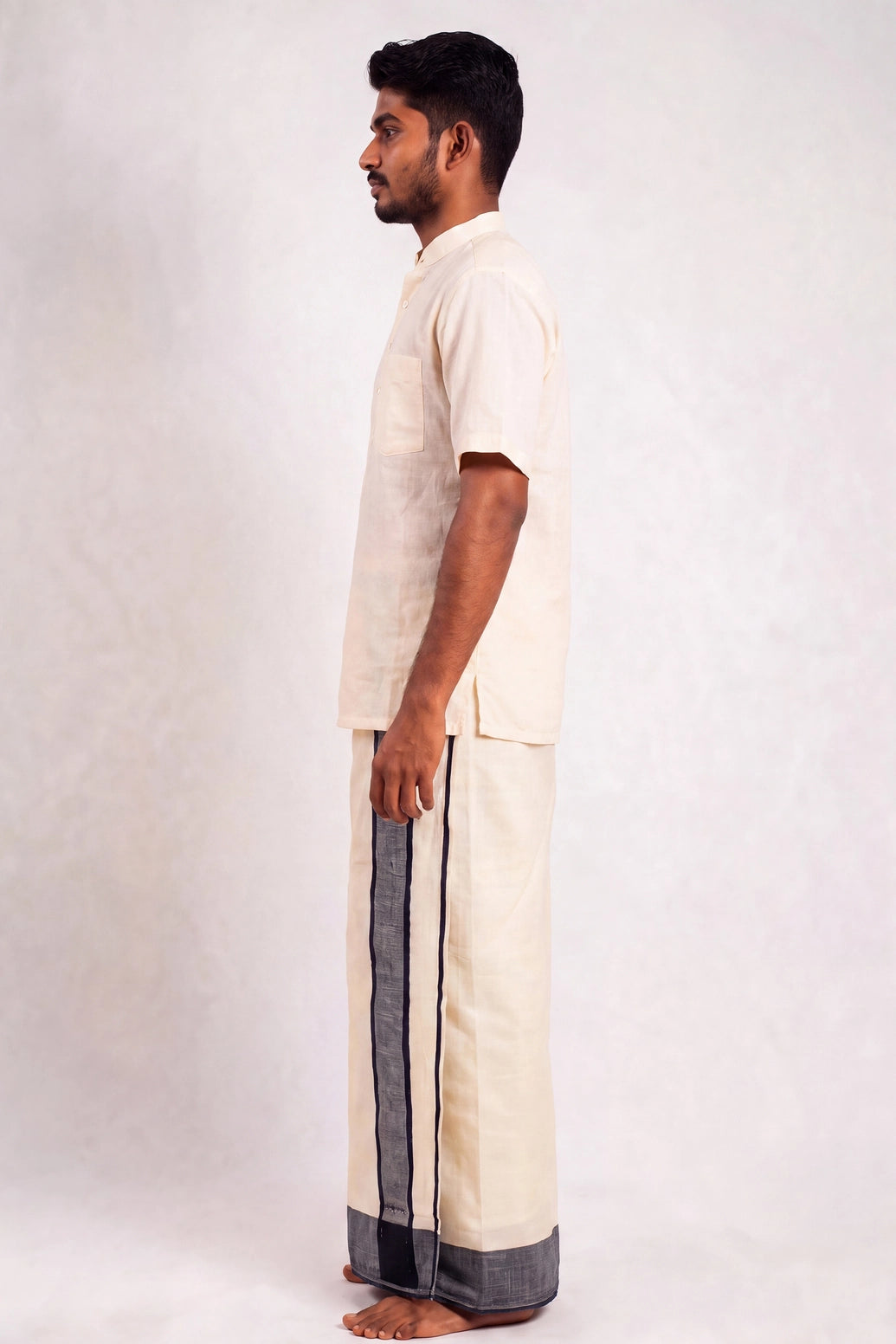 Men’s Traditional Off-White Cotton Dhoti with 1.5 Inch Thread Border for Wedding, Temple & Festival Wear - Navy Blue (Solid)