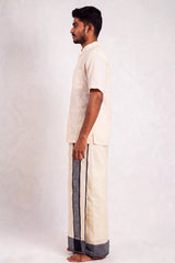 Men’s Traditional Off-White Cotton Dhoti with 1.5 Inch Thread Border for Wedding, Temple & Festival Wear - Navy Blue (Solid)