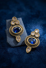Navy Blue Antique Finish Stud Earrings with Oval Center Stone & Gold-Tone Beaded Details for Ethnic Wear - Navy Blue