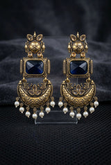 Traditional Antique Gold-Tone Statement Earrings with Pearl Drops and Coloured Stones - Navy blue