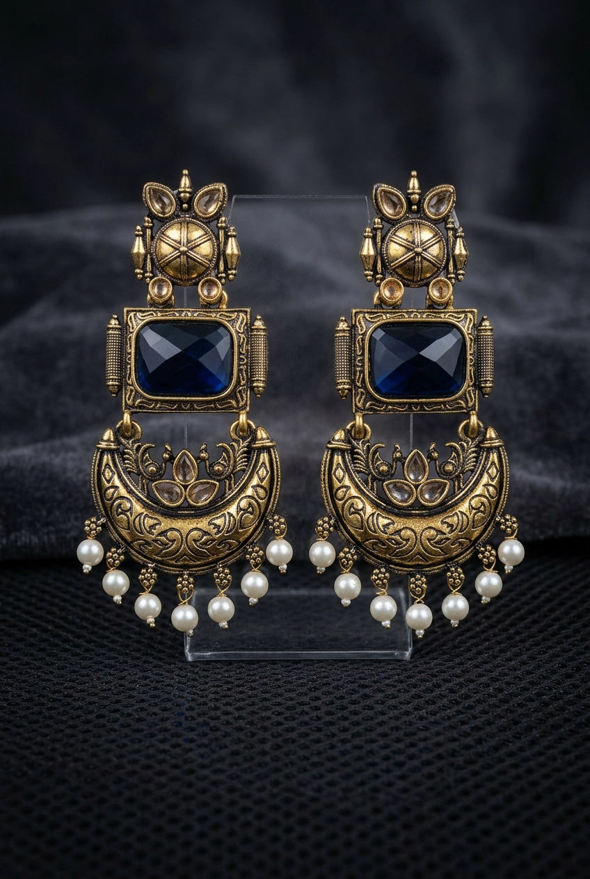 Traditional Antique Gold-Tone Statement Earrings with Pearl Drops and Coloured Stones - Navy blue