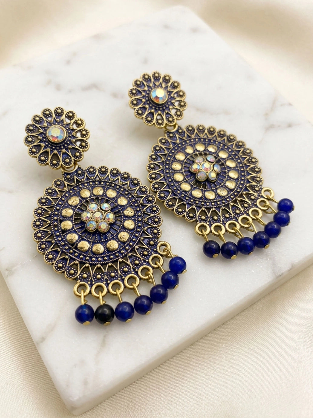 Antique Gold-Tone Ethnic Round Drop Earrings with Floral Stud & Bead Danglers (Multicolor Stone) - Navy blue