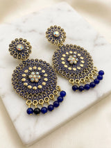 Antique Gold-Tone Ethnic Round Drop Earrings with Floral Stud & Bead Danglers (Multicolor Stone) - Navy blue