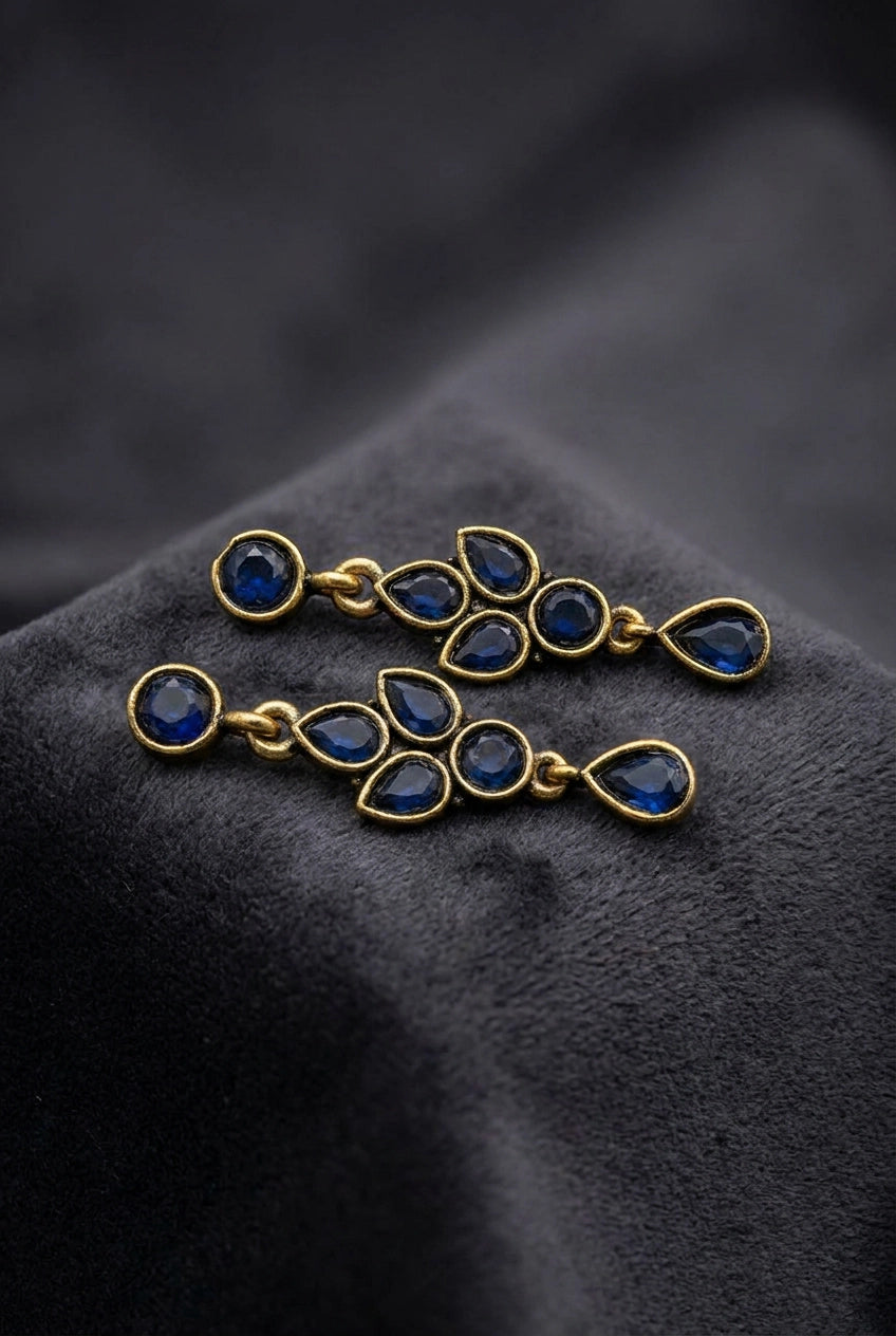 Sona Novelty Gold-Tone Drop Earrings with Multi Stone Teardrop Dangles for Traditional & Festive Wear - Navy blue