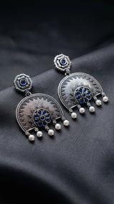 Oxidized Silver Floral Pendant Earring Set with Pearl Drops and Sunburst Motif - Navy blue