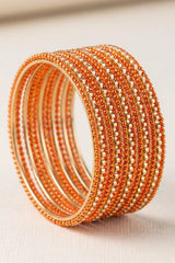 Stone-Studded Metallic Bangle Set with Sparkling Rows for Festive Wear - Neon Orange, Black, Rani Pink - Neon Orange