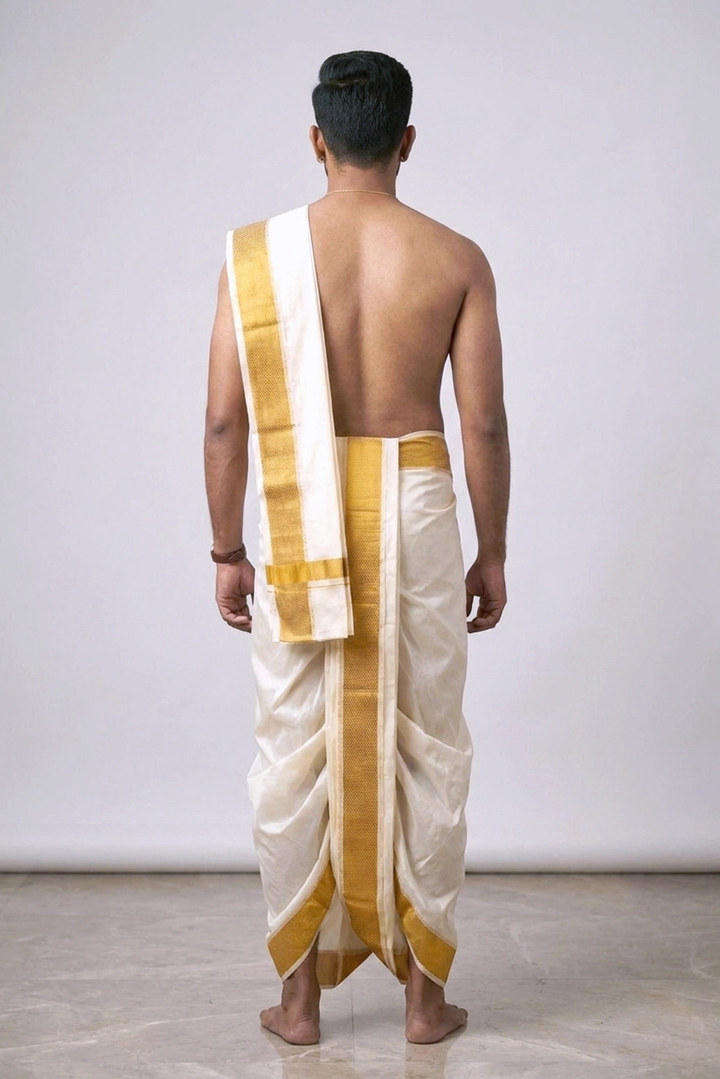 Men Off-White Art Silk Panchakacham Dhoti with Angavastram Set and 2-inch Gold Zari Border - Off-White